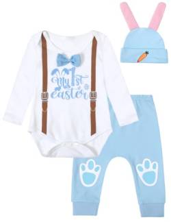 MOMBEBE COSLAND Ostern Baby Junge Outfit 3PCS Hase Kleinkind Strampler Bodysuit, Weiß, 0-3 Monate, 70 von MOMBEBE COSLAND