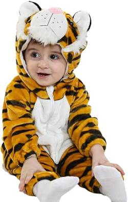MOMBEBE COSLAND Tiger Kostüm Baby Halloween Flanell Strampler Jumpsuit Mit Kapuze, 0-3 M von MOMBEBE COSLAND