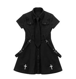 Goth Kleid Punk Gothic Harajuku Sommer Schwarz Minikleid Shirt Frauen Kurzarm Emo Kleidung Mall Goth Zubehör, Schwarz, X-Groß von MOMEITU