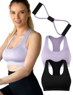 MOMO WAY Sport BH Damen 3er Set mit 8 förmigen Fitness-Brust-Expander, Sportbekleidung lila und schwarz, Wohlfühl Bustiers Tops mit Gepolstert und Widerstandsband ideal Trainingsset, Größe S-L von MOMO WAY