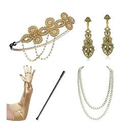 MONOJLY Kopfbedeckung, Flapper-Zubehör für Damen, 1920er-Jahre-Gatsby-Kostümzubehör, Roaring 20s Flapper-Stirnband, Ohrringe, Handschuhe, Halsketten-Set von MONOJLY