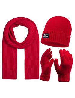 MONT EMILIAN Arcachon Damen Winterset 3-teilig bestehend aus einer Mütze, ein paar Handschuhen und einem Schal. Wärmendes Strickset in drei verschiedenen Farben, optimal für kalte Tage. (Rot) von MONT EMILIAN