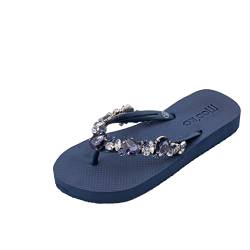 MOO´ILO Damen Sommer Zehentrenner Sandale 'Blue Blue' mit farbigen Strass Steinchen (handgestickt) - Ultraweiche Strandsandale mit natürlicher Barfußgefühl Spezial Sohle | EU37 von MOO´ILO