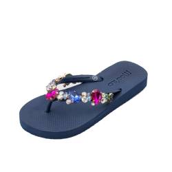 MOO´ILO Damen Sommer Zehentrenner Sandale 'Navy Colorful' (handgestickt) - Ultraweiche Sohle - Design, made in Germany (eu_footwear_size_system, adult, women, numeric, medium, numeric_37) von MOO´ILO