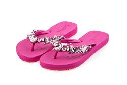 MOO´ILO Damen Sommer Zehentrenner Sandale 'Pink Pink' mit farbigen Strass Steinchen (handgestickt) - Ultraweiche Strandsandale mit natürlicher Barfußgefühl Spezial Sohle | EU37 von MOO´ILO