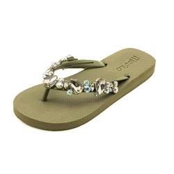 MOO´ILO Damen Sommer mooilo Zehentrenner Sandale Flip Flop mit edlen Steinen (handgestickt) - Ultraweiche Sohle - Design, made in Germany (Khaki, numeric_38) von MOO´ILO