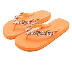 MOO´ILO Damen Sommer mooilo Zehentrenner Sandale Flip Flop mit edlen Steinen (handgestickt) - Ultraweiche Sohle - Design, made in Germany (Orange, numeric_36) von MOO´ILO
