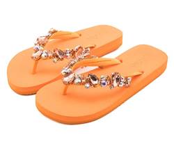 MOO´ILO Damen Sommer mooilo Zehentrenner Sandale Flip Flop mit edlen Steinen (handgestickt) - Ultraweiche Sohle - Design, made in Germany (Orange, numeric_37) von MOO´ILO