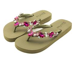 MOO´ILO Damen mooilo Sommer Zehentrenner Sandale Flip Flop mit edlem bunten Steinen (handgestickt) - Ultraweiche Sohle - Design, made in Germany (Khaki, numeric_42) von MOO´ILO