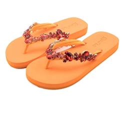 MOO´ILO Damen mooilo Sommer Zehentrenner Sandale Flip Flop mit edlem bunten Steinen (handgestickt) - Ultraweiche Sohle - Design, made in Germany (Orange, numeric_40) von MOO´ILO