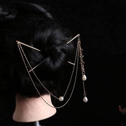 Chinesischer Stil Elegante Perlenquaste Doppelkette Haargabel Retro Han Kleidung Kopfschmuck Zwei Haarstäbchen für Frauen Haarschmuck von MOOCO MORNING