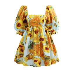 MOOCO MORNING 2022 Frühling Sommer Neue Blume Französisch Van Gogh Print Kleid Blasenärmel Retro Süßes Kleid Damen Lose Kurz Frauen Kleid von MOOCO MORNING