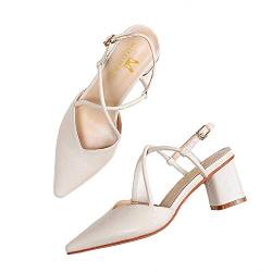 Damen Blockabsatz Pumps Knöchelriemchen Spitz mit Kreuzgurt Riemchen, Slingpumps Geschlossene Sandalen Bequeme Sommerschuhe Schnalle Freizeitschuhe arbeitsschuh Beige 40 EU von MOOMMO