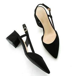 Damen Blockabsatz Slingback Pumps Mit Hohem Absätze Spitze Pumps mit Pointed Toe und Blockabsatz Pumps Abendschuhe Arbeitsschuhe Größe 37 Schwarz von MOOMMO