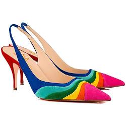 Damen Slingback Pumps Kitten Heels Spitze Wildleder Mehrfarbig, Slingpumps Bequeme Absatzschuhe Riemchen Klassische Abendschuhe Sandalen für Frauen Hochzeit Regenbogen Rot-Blau-Gelb 38 EU von MOOMMO