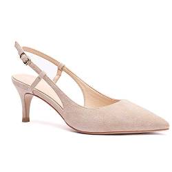 Damen Slingback Spitze Pumps Kitten Heel Pumps mit Absatz Abendschuhe Arbeitsschuhe Knöchelriemchen Schuhe Größe 40 EU Beige von MOOMMO