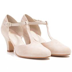 MOOMMO Damen Beige Kitten Heel Mary Jane Pumps Knöchelriemchen rund Geschlossene niedriger Absatz Damenschuhe T-Spangen Glattleder Cutout Bequeme Abendschuhe Hochzeit Klassische Wildleder Beige 39 von MOOMMO