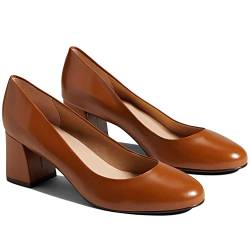 MOOMMO Damen Blockabsatz Pumps Hellbraun Rund Slip On Damenschuhe Absatz Geschlossene Klassische Chunky Heels Abendschuhe Frauen Büro Arbeitsschuhe Bequeme Brautschuhe Elegant Glattleder Hellbraun 36 von MOOMMO