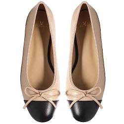 MOOMMO Damen Bow Ballerina Flats Geschlossene Runder Schlüpfen Flache Schuhe Zweifarbig Bequeme 1 cm Flacher Absatz Ballerinas Glattleder Quilten Cap Toe Flats leichtem Büro Größe Beige 38 von MOOMMO