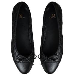 MOOMMO Damen Bow Ballerina Flats Geschlossene Runder Schlüpfen Flache Schuhe Zweifarbig Bequeme 1 cm Flacher Absatz Ballerinas Glattleder Quilten Cap Toe Flats leichtem Büro Größe Quilten Schwarz 44 von MOOMMO