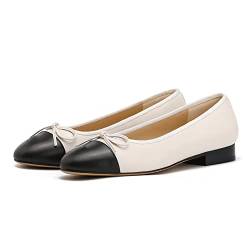 MOOMMO Damen Bow Ballerina Flats Geschlossene Runder Schlüpfen Flache Schuhe Zweifarbig Bequeme 1 cm Flacher Absatz Ballerinas Glattleder Quilten Cap Toe Flats leichtem Büro Größe Weiss 43 von MOOMMO