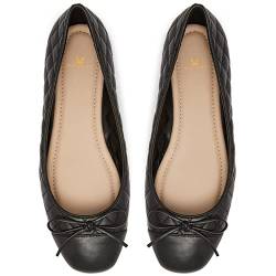 MOOMMO Damen Bow Ballerina Flats Schlüpfen Geschlossene Rund Flache Schuhe Quilten Zweifarbig Glattleder Frauen Cap Toe Flats Klassische Bequeme Freizeitschuhe mit flachem Absatz Frühling Schwarz 38 von MOOMMO