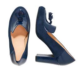 MOOMMO Damen Hoch Blockabsatz Pumps Rund Geschlossene Mit Fransen 9CM High Heel Bequeme Halbschuhe Damenschuhe Wildleder und Lackleder Kontrastnaht Patchwork Blau EU 39 von MOOMMO