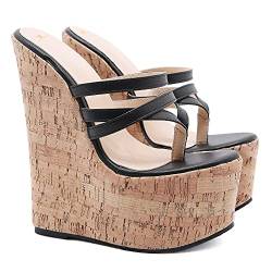 MOOMMO Damen Kork Wedges Plateau Slip On Sandalen Runde Offene Spitze Pantoletten Peep Toe Sexy Komfort Freizeit Super High Heels Hausschuhe Schwarz3 Größe 36 von MOOMMO