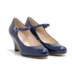 MOOMMO Damen Mary Jane Pumps Mit Blockabsatz Rund Kitten Heel Riemchenpumps Mit Schnalle Pumps Bequeme Geschlossene Freizeitschuhe Glattleder Marineblau Größe 42 von MOOMMO