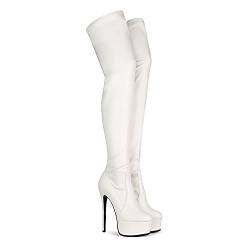 MOOMMO Damen Plateau Oberschenkelhohe Stiefel Stiletto High Heels 15cm Overknees Stiefel Reißverschluss Glattleder Rund Plattform Stiefel Hoher Absatz Frauen Abend Fashion Hohe Stiefel Weiss 38 EU von MOOMMO