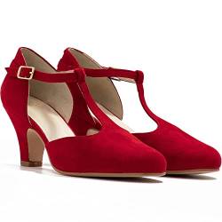 MOOMMO Damen Rot Kitten Heel Mary Jane Pumps Knöchelriemchen rund Geschlossene niedriger Absatz Damenschuhe T-Spangen Glattleder Cutout Bequeme Abendschuhe Hochzeit Klassische Wildleder Rot 38 von MOOMMO