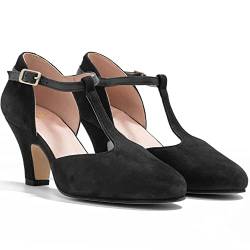 MOOMMO Damen Schwarz Kitten Heel Mary Jane Pumps Knöchelriemchen rund Geschlossene niedriger Absatz Damenschuhe T-Spangen Glattleder Cut Bequeme Abendschuhe Hochzeit Klassische Wildleder Schwarz 43 von MOOMMO