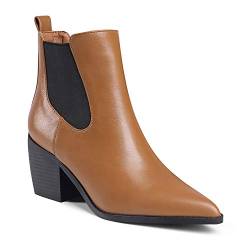 MOOMMO Damen Western Blockabsatz Stiefeletten Spitze Bequeme Glattleder Chelsea Ankle Boots Pointed Toe Stacked Heel Cowboy Elastisch Braun 39 EU von MOOMMO