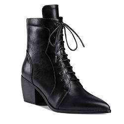 MOOMMO Damen Western Blockabsatz Stiefeletten mit Schnürung Spitze Bequeme Glattleder Chelsea Ankle Boots Pointed Toe Stacked Heel Cowboy Schwarz 43 EU von MOOMMO