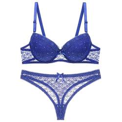 MOONBADI BH Push up Blau Damen Set BH mit Bügel Push Up Spitze Gepolstert BH und Tanga Thong Tiefer Ausschnitt Rückenfrei Lingerie Unterwäsche BH für große Brust 95D von MOONBADI