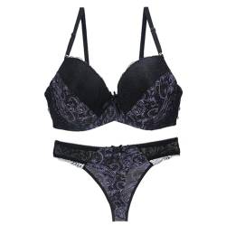 MOONBADI BH Push up Schwarz Damen nterwäsche mit Bügel Lingerie BH und G-String Lingerie Spitze BH BH für große Brust 85E von MOONBADI