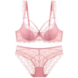 MOONBADI Push up BH Rosa Damen Spitze Bügel BH Bustier Gepolstert V-Ausschnitt BHS Top Elegant Unterwäsche Set BHS Frauen 95D von MOONBADI