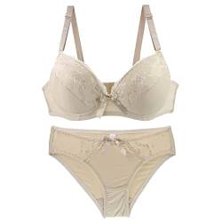 MOONBADI sexy unterwäsche für Frau Beige Damen mit Bügel Spitze BH Dünnn Transparenten Spitzen Balconette BH Set BH und String Tshirt BH 90B von MOONBADI