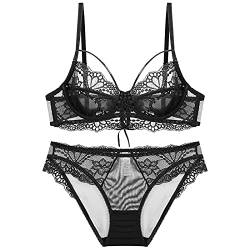 MOONBADI unterwäsche Frauen sexy Set Schwarz Damen BH Set Spitze Push Up Bügel BH Unterwäsche Lingerie Tanga BH Sets dursichtige unterwäsche 38B von MOONBADI