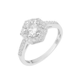 MOONEYE Sechseckiger Ring, 1,10 Ctw, runder Moissanit-Diamant, 925er-Sterlingsilber, Solitär-Halo-Damen-Ehering Sterlingsilber, 52 von MOONEYE