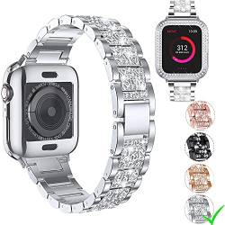 MOOTES Kompatibel mit Apple Watch Armband 38mm Edelstahl Damen Diamant Strassarmband, für iWatch SE Serie 7/6/5/4/3/2/1 mit Bling Schutzhülle(38mm,Silber) von MOOTES