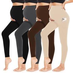 Umstandsleggings für Damen, mit Taschen über dem Bauch, Po, weich, Workout, Schwangerschaft, Yoga, 4 Stück von MOREFEEL