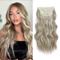 Haarverlängerungen, Clip-in, langes, gewelltes Haar, 4 Stück, Aschblond-Mischung, Platinblond, Ganzkopf-Haarverlängerungen, Kunstfaser, Haarteile für Frauen von MORICHY