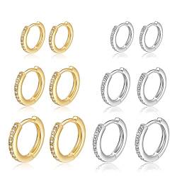 6 Paar Creolen 14 Karat vergoldet Huggie Creolen 925 Sterling Silber Kleine Creolen Set Winzige Zirkonia Knorpelohrringe für Damen von MOROTOLE