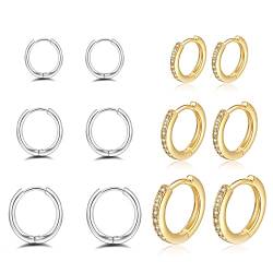 6 Paar Creolen 14 Karat vergoldet Huggie Creolen 925 Sterling Silber Kleine Creolen Set Winzige Zirkonia Knorpelohrringe für Damen von MOROTOLE