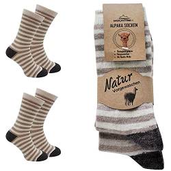 MOUNTREX Alpaka Socken, Wollsocken für Damen, Herren - Kuschelsocken - 2 Paar, Ecru/Beige/Braun (mit Ringel - Dünn), 35-38 von MOUNTREX