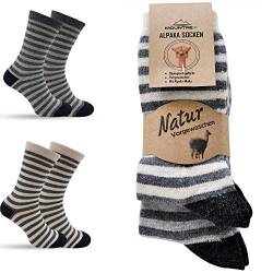 MOUNTREX Alpaka Socken, Wollsocken für Damen, Herren - Kuschelsocken - 2 Paar, Ecru/Grau/Dunkelgrau (mit Ringel), 43-46 von MOUNTREX