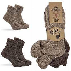 MOUNTREX Alpaka Socken, Wollsocken für Damen, Herren - Stricksocken, Haussocken - 2 Paar, Braun/Dunkelbraun (Dick - wie gestrickt, mit Umschlag), 35-38 von MOUNTREX