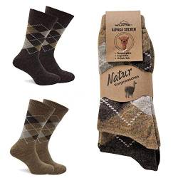 MOUNTREX Alpaka Socken, Wollsocken für Damen, Herren - Warme Wintersocken - 2 Paar, Beige/Braun (Karo - Dünn), 35-38 von MOUNTREX