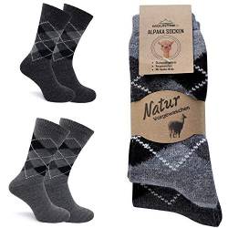 MOUNTREX Alpaka Socken, Wollsocken für Damen, Herren - Warme Wintersocken - 2 Paar, Grau/Anthrazit (Karo - Dünn), 43-46 von MOUNTREX